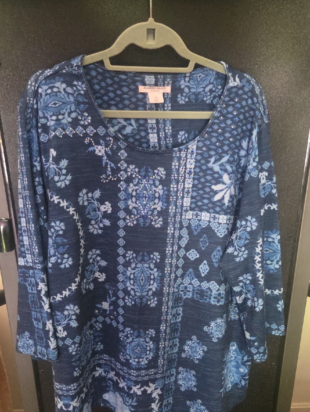 Allison Daley Navy Blue Floral Patchwork Scoop Neck Tunic